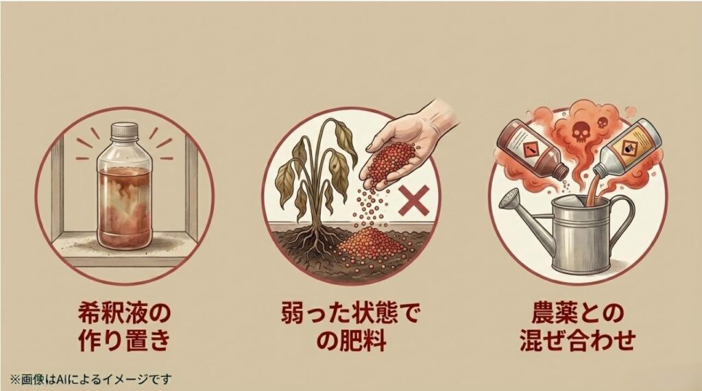 作り置きや農薬との混合、弱った植物への過剰な肥料が禁止であることを示すアイコン
