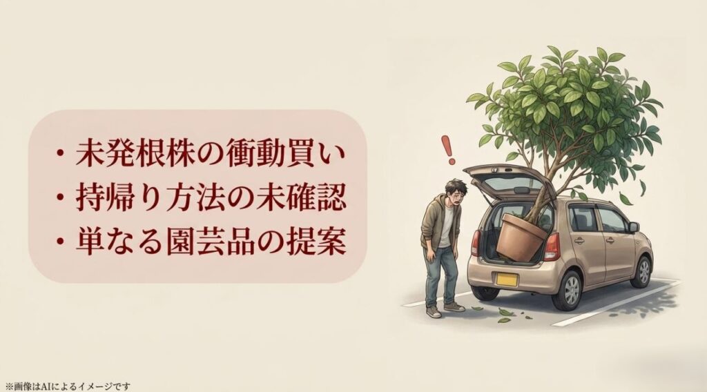 車のトランクからはみ出す大きな植物を前に、持ち帰り方法の確認不足を後悔する男性のイラスト