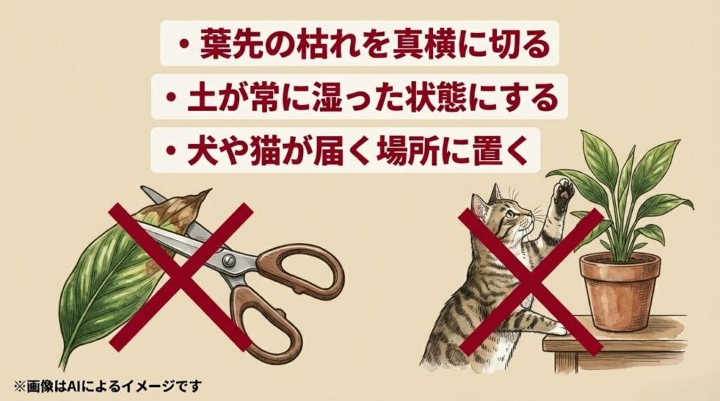 葉先の真横カット、常に湿った土、ペットの届く場所への配置という3つのNG習慣を猫のイラストと共に紹介する注意スライド