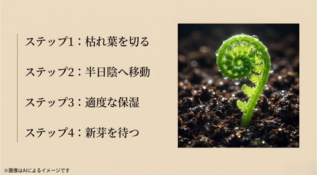 剪定、移動、保湿、待機という復活までの4つの工程をまとめたスライド