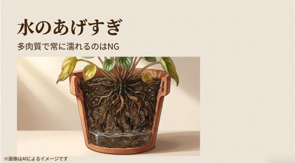 鉢の中で水が溜まり、酸素不足で根が黒ずんで腐ってしまう様子を描いたペペロミアの断面イラスト