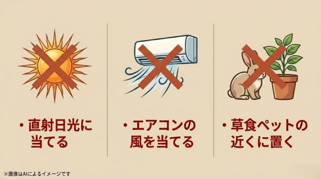 直射日光、エアコンの風、草食ペットの近くの3つを禁止事項として示したスライド