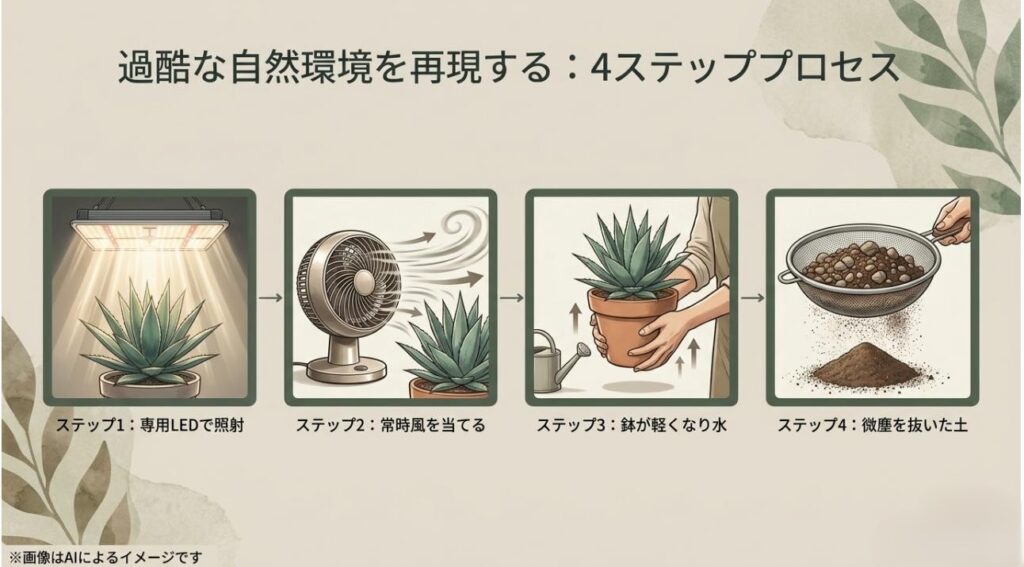LED照射、サーキュレーター、鉢の重さ確認、微塵を抜いた土の4つの工程をまとめた図解スライド