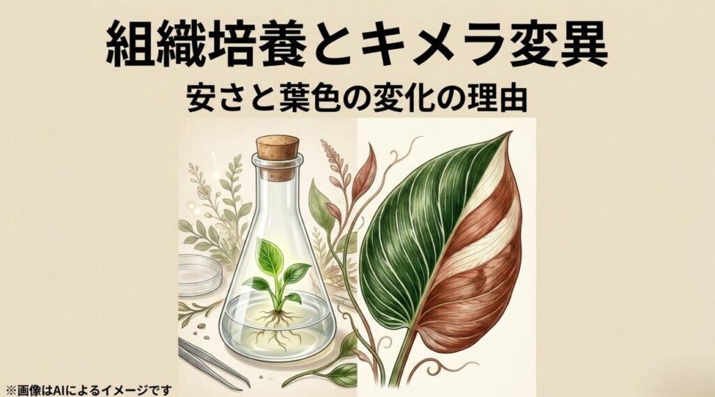 フラスコ内での組織培養の様子と、突然変異による白と赤の斑が入った葉のクローズアップ 