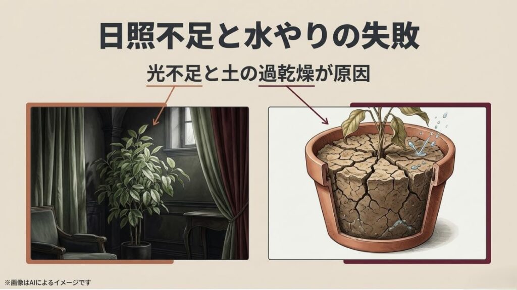 日照不足による退色と、土の乾燥による葉の垂れを視覚的に示した原因解説スライド