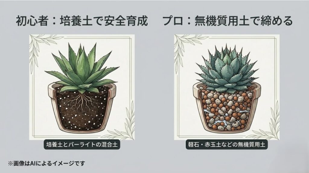 培養土主体の初心者用土と、赤玉土や軽石を主体としたプロ用無機質用土の鉢内部の構造比較図