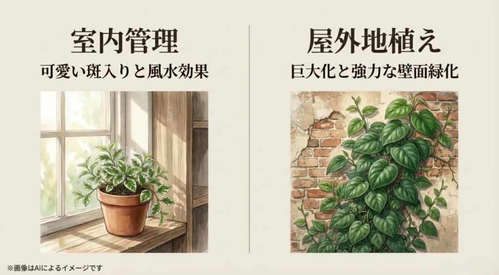 室内での可愛らしい斑入り姿と、屋外で壁を覆い尽くす巨大化した姿の比較イメージ