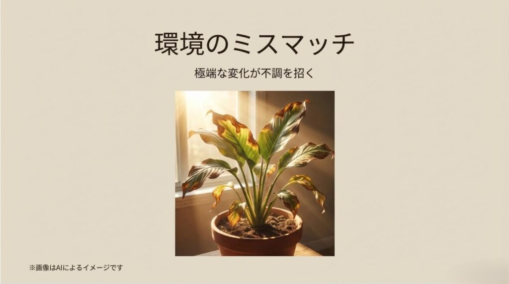強い光や急な環境変化で葉が茶色く枯れ、元気がなくなってしまった植物のイメージスライド