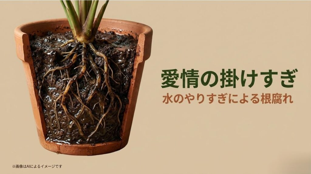 鉢の中で根が腐ってしまう様子と、過剰な水やりが植物を枯らす原因であることを示すイラスト