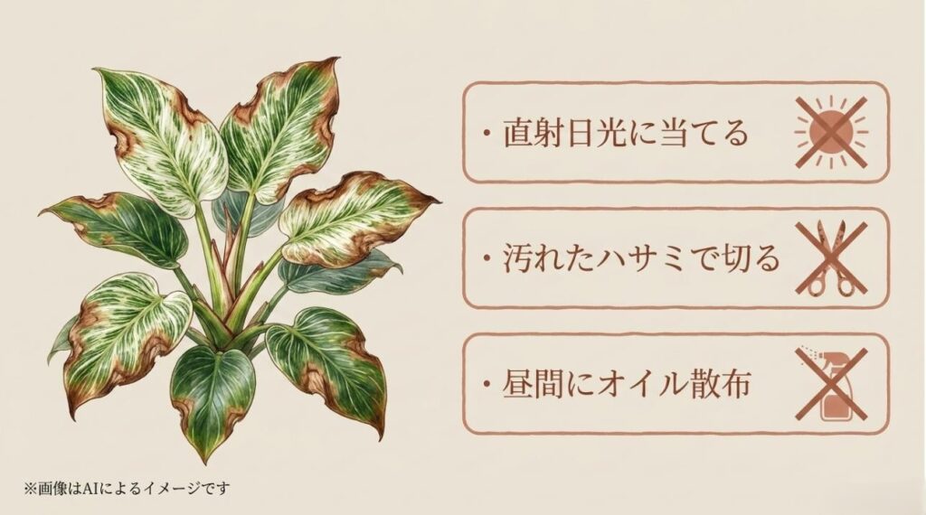 直射日光、汚れたハサミ、昼間のオイル散布など、葉焼けや病気の原因となるNG行為とダメージを受けた葉