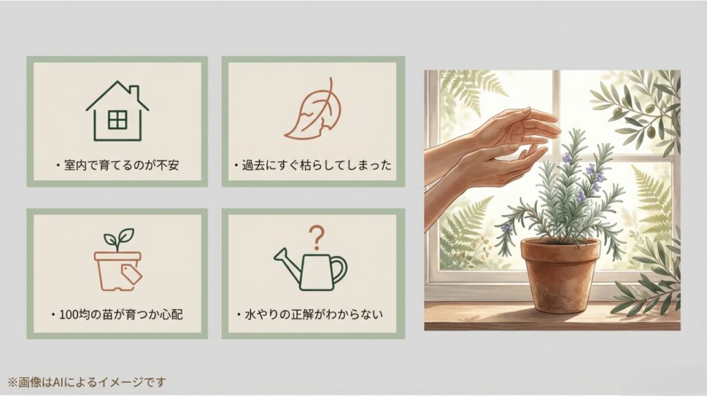 室内栽培への不安や、過去に枯らした経験、水やりの疑問など、初心者が抱きやすい悩みをまとめたスライド
