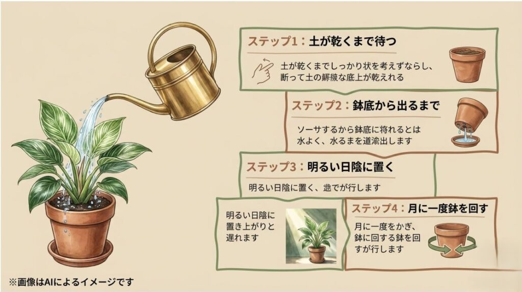 土を乾かす、たっぷり水を与える、明るい日陰に置く、鉢を回すという4つのステップ