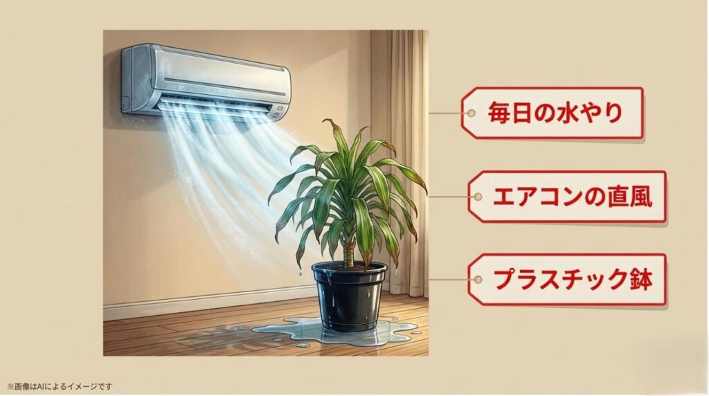 毎日の水やり、エアコンの直風、プラスチック鉢の使用が植物に与える悪影響を説明する画像