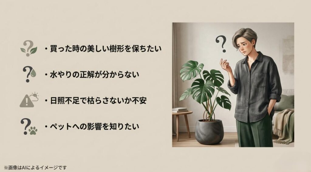 樹形の維持、水やり、日照不足、ペットへの影響など、ジャマイカを購入・育成する際の代表的な疑問をまとめたスライド