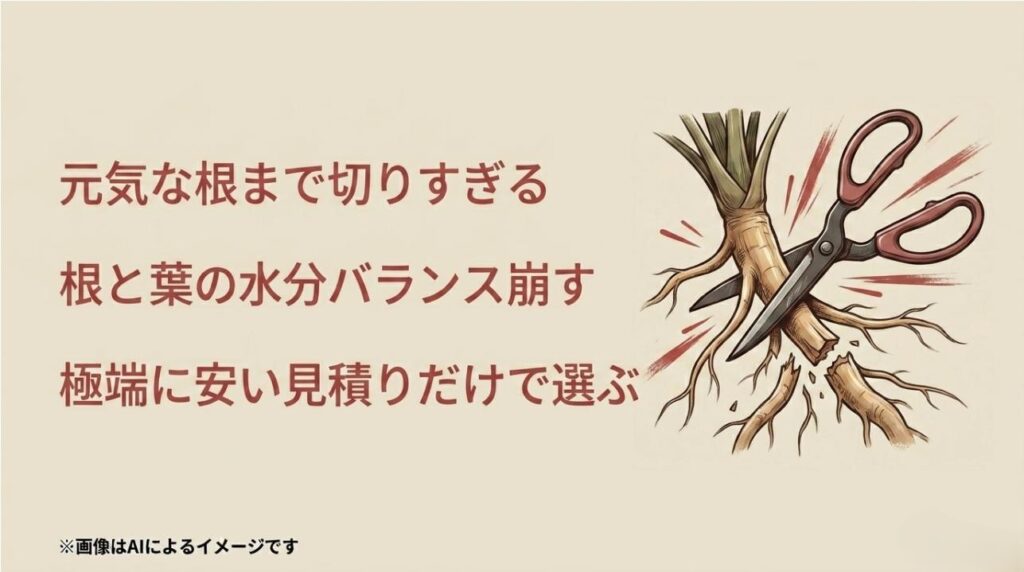 元気な根をハサミで切ってしまうイラストと、水分バランスの崩壊や安すぎる見積もりへの注意喚起