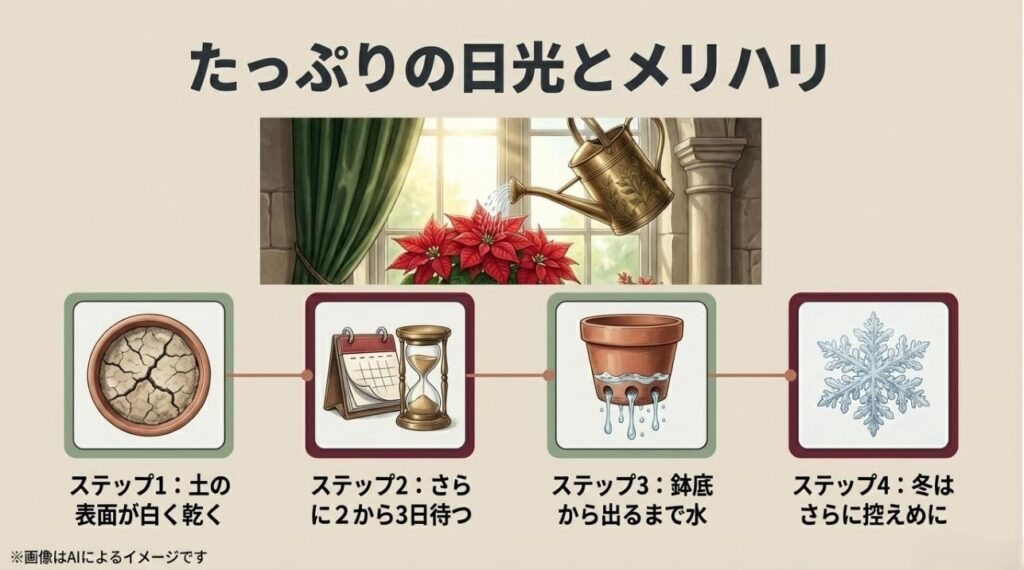 土の乾燥確認から、冬場の管理まで、失敗しない水やりの手順を4段階で解説したガイド