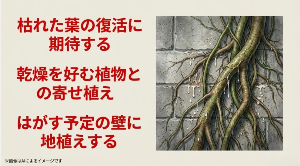 乾燥植物との寄せ植えや剥がす予定の壁への地植えなど、リスクの高い行為のまとめ