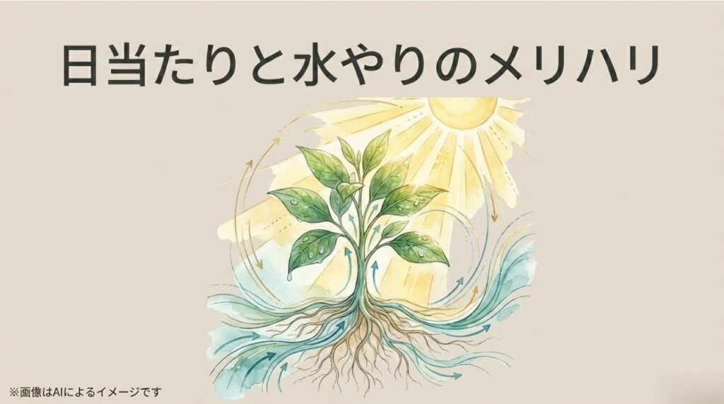 太陽の光と水の吸収・蒸散の関係を示し、適切な水やりのタイミングを視覚化したイメージ
