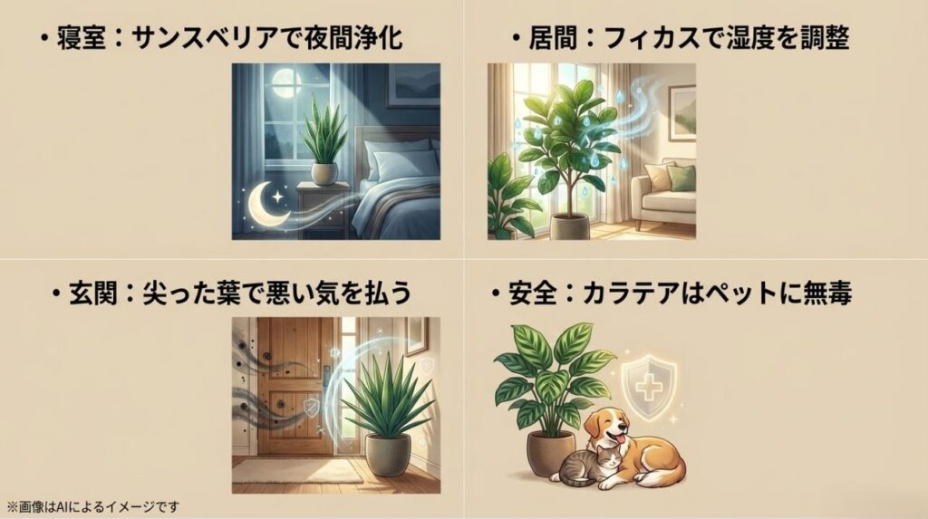 置き場所決定、品種選び、土なし栽培の活用、葉水の習慣化を解説するステップ図