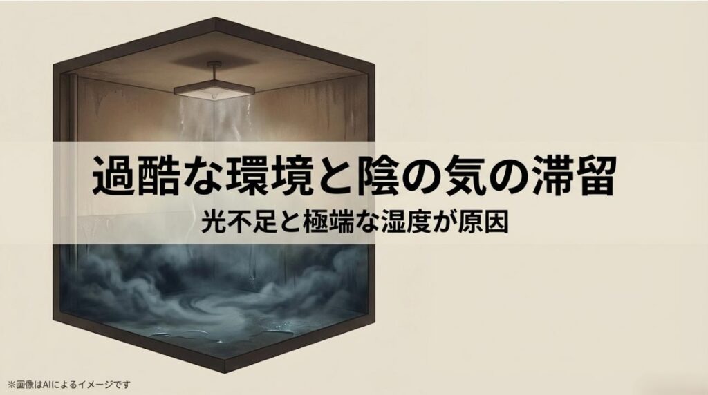 光不足や極端な湿度が原因で陰の気が滞留するメカニズムを説明する図解スライド