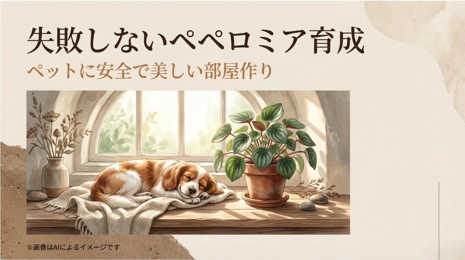 窓辺で眠る犬の横に置かれた、健康的で美しいスイカペペ（ペペロミア・アルギレイア）のアイキャッチ画像