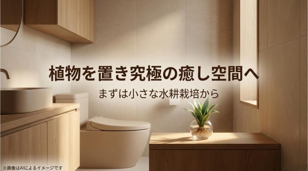 植物を置いて究極の癒やし空間を作るメッセージと、まずは水耕栽培から始めることを推奨する結びのスライド