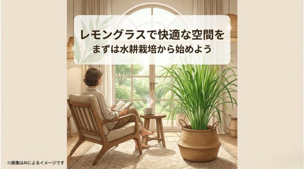 植物のあるリビングでくつろぐ女性と、まずは水耕栽培から始めようというメッセージ