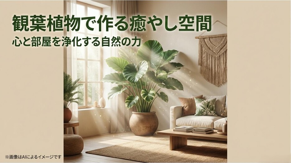 柔らかな光が差し込む部屋に大きな観葉植物が置かれた、心地よい癒やし空間のイメージ