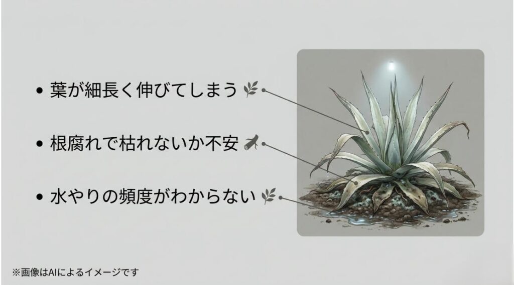 葉が細長く伸び、根腐れの不安や水やりの頻度に悩む様子をイラストで示したスライド