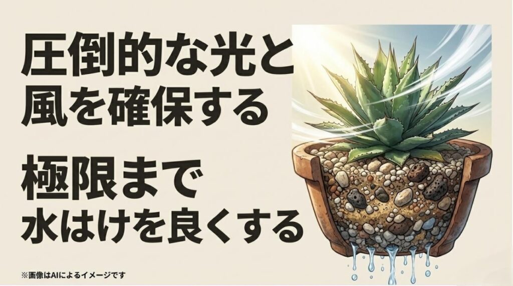 強い光と風、そして鉢底から水が抜ける様子を描いた、アガベの理想的な栽培環境のイメージ図