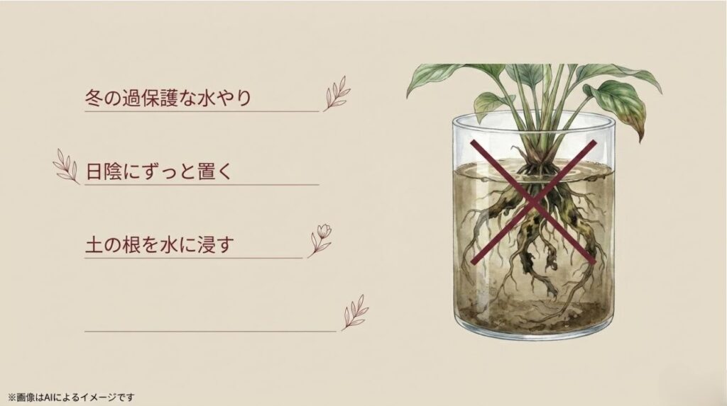 冬の水のやりすぎや日光不足など、ジャカランダが根腐れを起こす原因となる不適切な管理方法