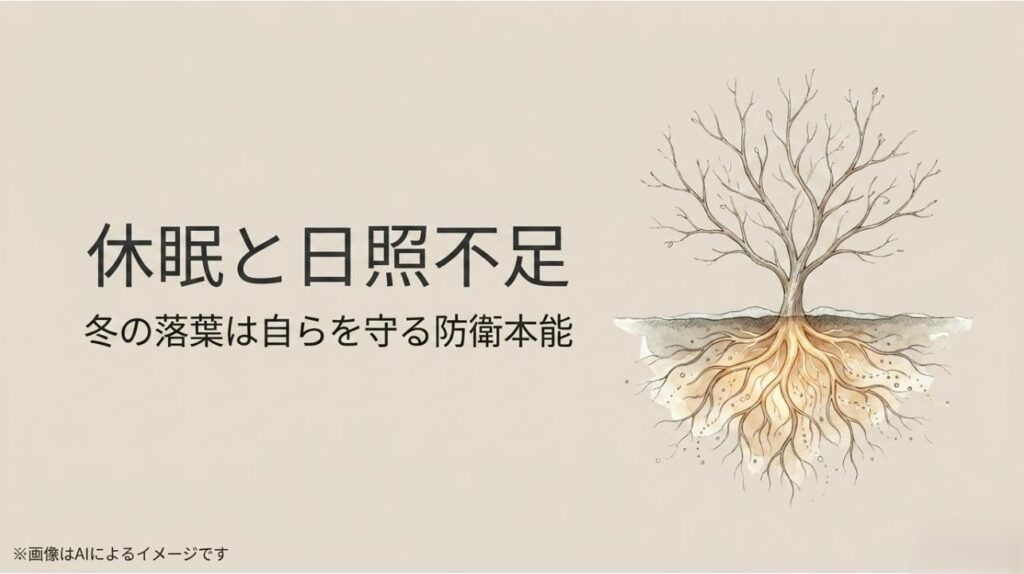 冬に葉を落としてエネルギーを温存するジャカランダの休眠メカニズムを説明する図解