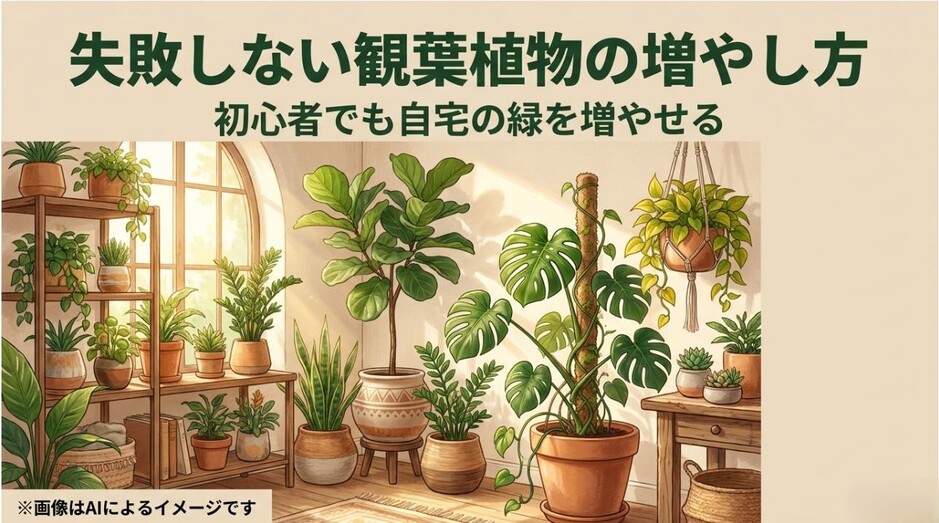 部屋いっぱいの観葉植物と「失敗しない観葉植物の増やし方」というタイトルのアイキャッチ画像