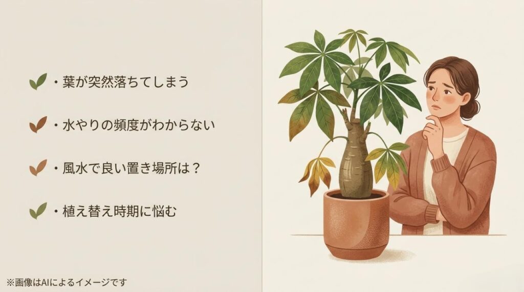 葉が落ちる、水やりの頻度、置き場所、植え替え時期に悩む女性のイラスト