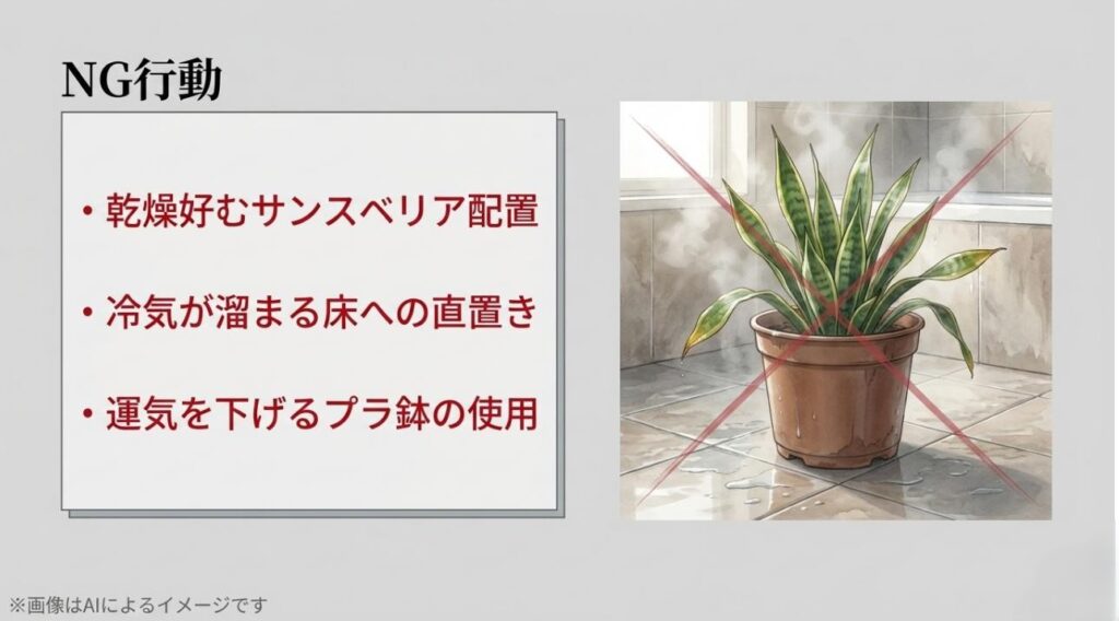 多湿に弱いサンスベリアを浴室に置くと根腐れを起こしてしまうメカニズムと配置NGを伝える注意喚起スライド