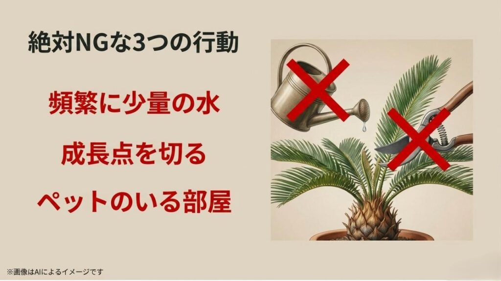 頻繁な水やり、成長点の切断、ペットのいる部屋での管理にバツ印がついた警告スライド