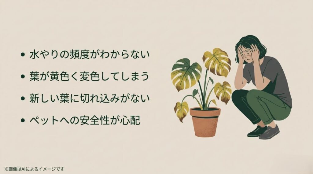 葉が黄色く変色してしまったモンステラを前に、水やりの頻度やペットへの安全性を心配して頭を抱えながらしゃがみ込む女性のイラスト