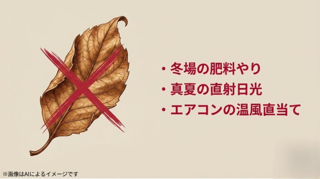 冬の肥料、真夏の直射日光、エアコンの風がNGであることを示す、バツ印がついた枯れ葉のイラスト