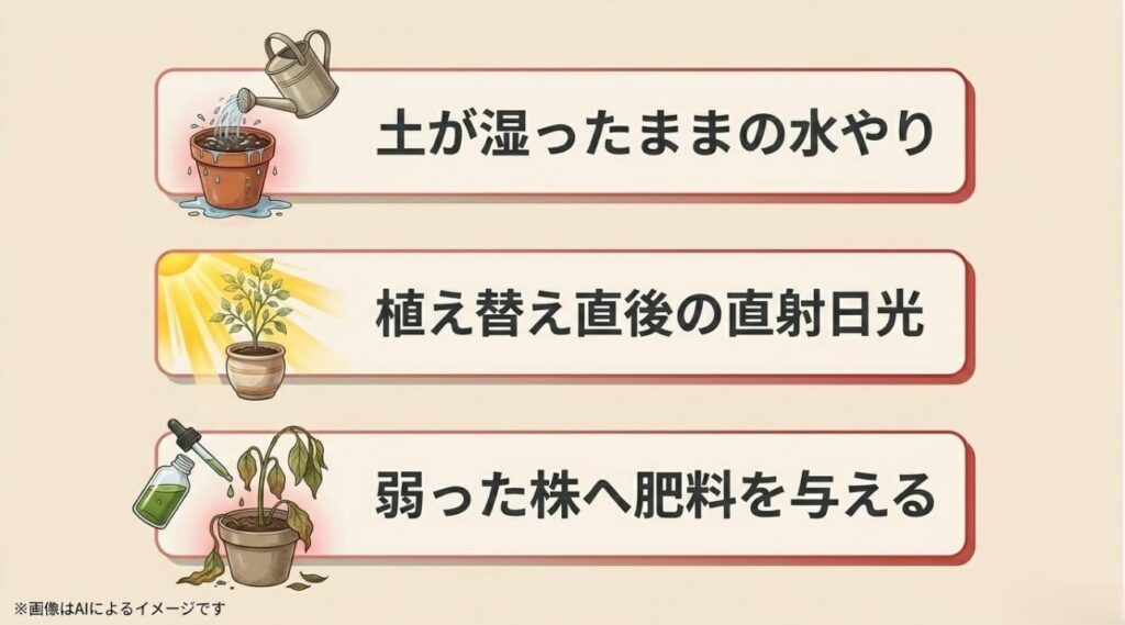 湿ったままの水やり、直射日光、弱った株への肥料といった避けるべき管理方法を説明するスライド
