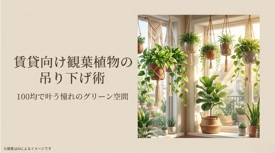 窓際にたくさんの観葉植物がおしゃれに吊り下げられているイメージ写真と、100均で叶うグリーン空間を伝えるアイキャッチ画像