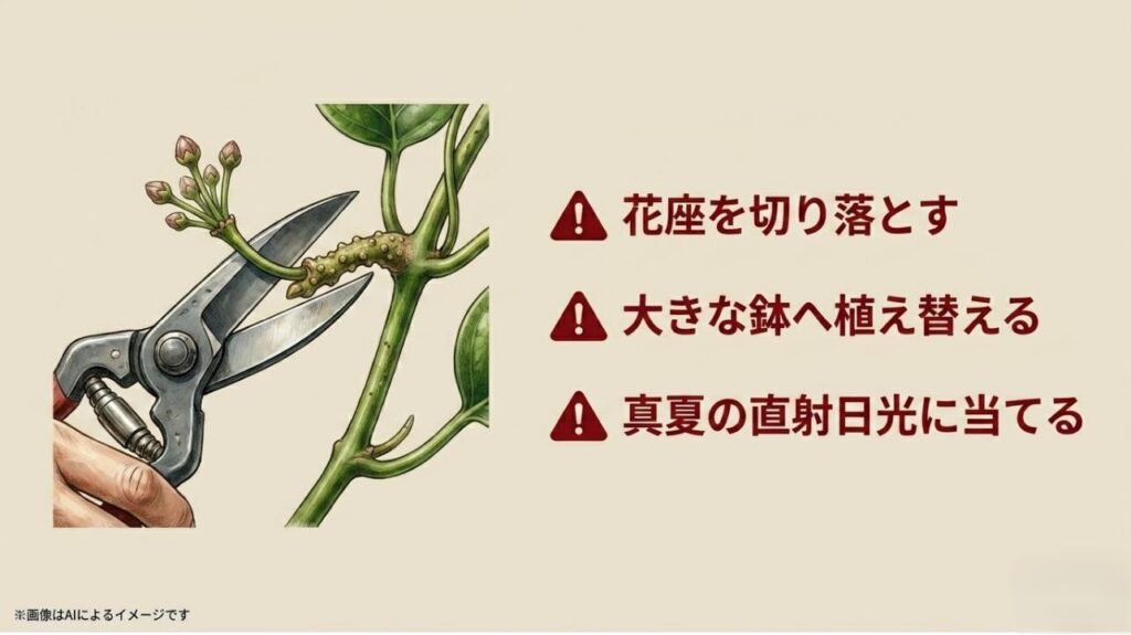 ハサミでホヤの花座を誤って切り落とそうとしている手元のイラスト