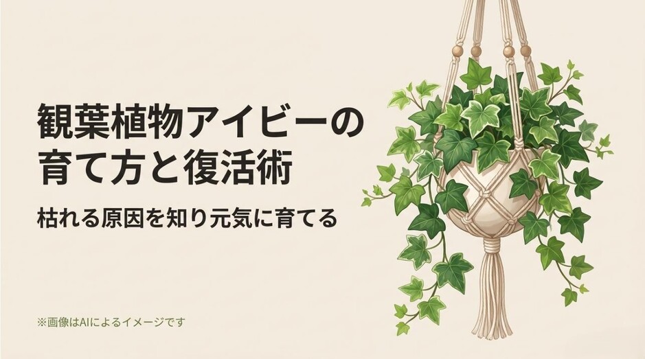 「観葉植物アイビーの育て方と復活術」というタイトルと、元気なアイビーのイラストが描かれたアイキャッチ画像