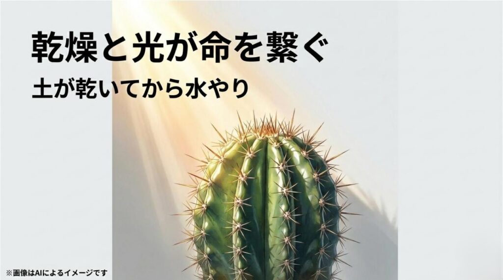 美しい光が差し込むサボテンの写真とともに、乾燥と光の大切さ、および土が乾いてからの水やりを推奨するメッセージスライド