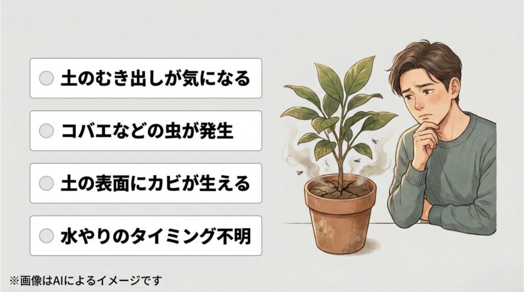 鉢植えの土から発生するコバエやカビ、水やりのタイミングに悩む男性のイラスト