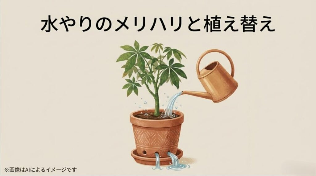 ジョウロで水を注ぎ、鉢の底から水が勢いよく流れ出している正しい水やりの様子