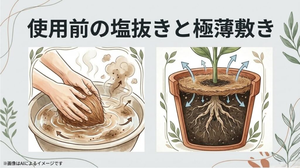 ココヤシファイバーを洗う様子と、通気性を確保して薄く敷いた鉢の比較画像