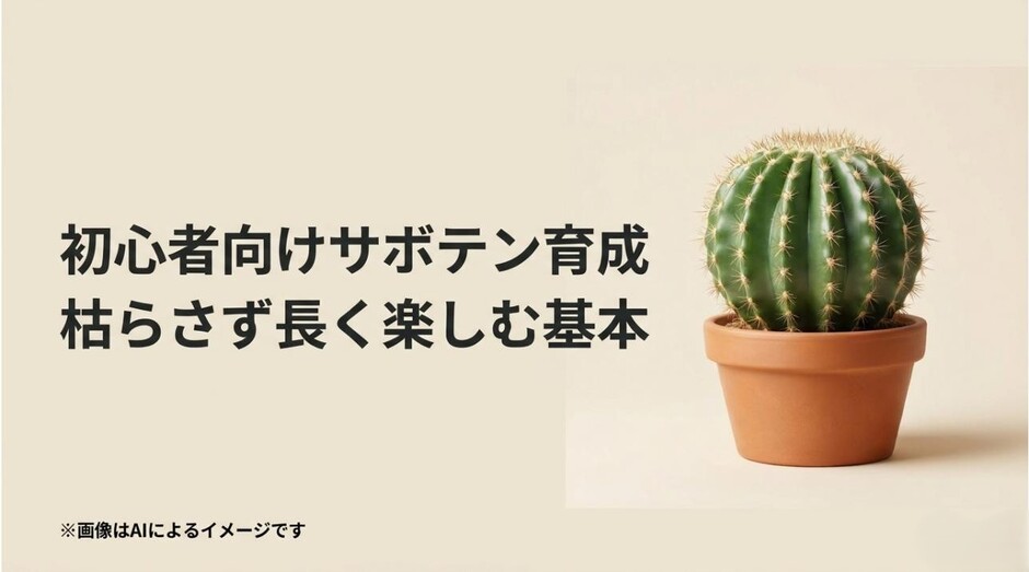 素焼きの鉢に植えられた元気な丸いサボテンの写真と、初心者向けに枯らさず長く楽しむ基本を伝えるタイトルのアイキャッチ画像