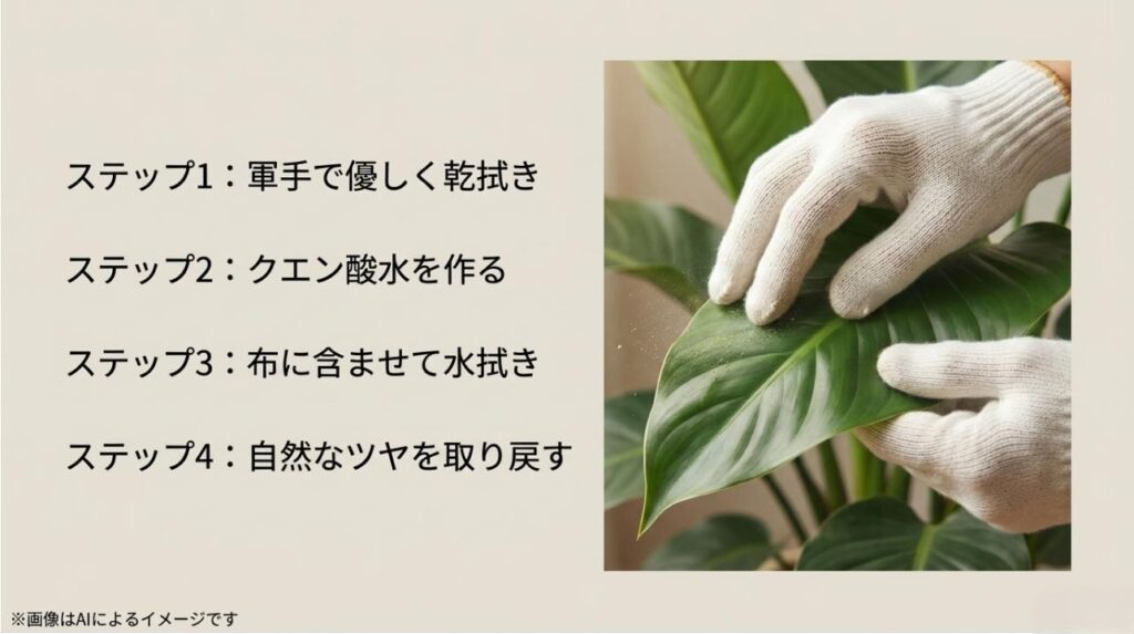 軍手をはめて葉を拭く手順を、ステップ1からステップ4（ツヤ出し）まで順を追って解説しているスライド