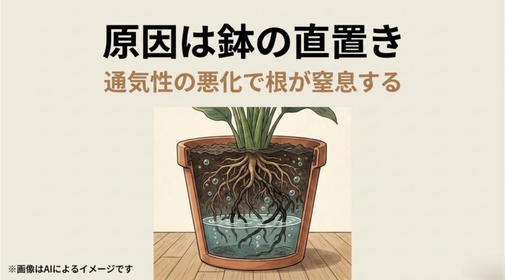 鉢の底に水が溜まり、通気性が悪化して根が窒息している状態を分かりやすく説明する断面図イラスト