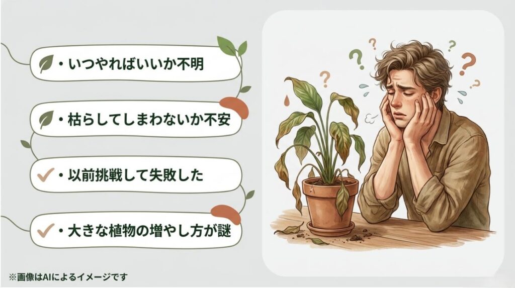 枯れた植物を前に悩む男性と、時期や失敗への不安を表現したイラスト